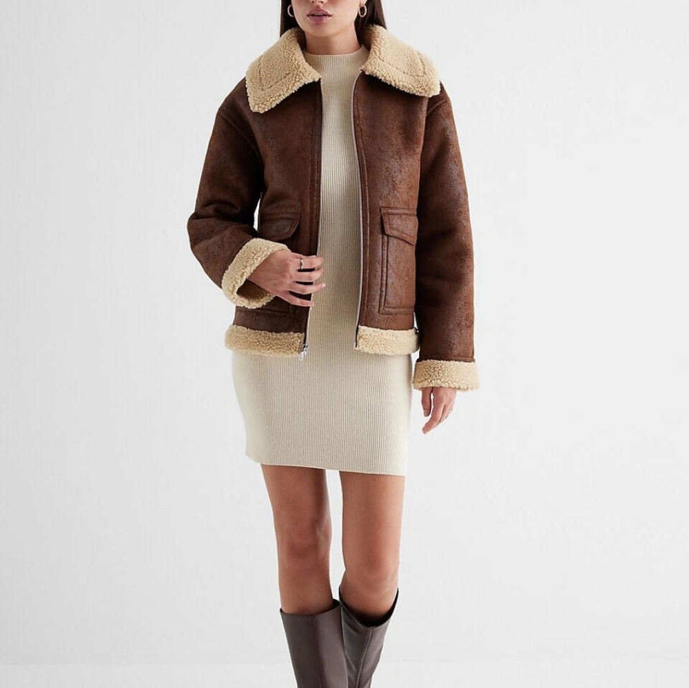 New Without Tags Express Brown and Cream Teddy Jacket with Sherpa Lining XS - Picture 10 of 13